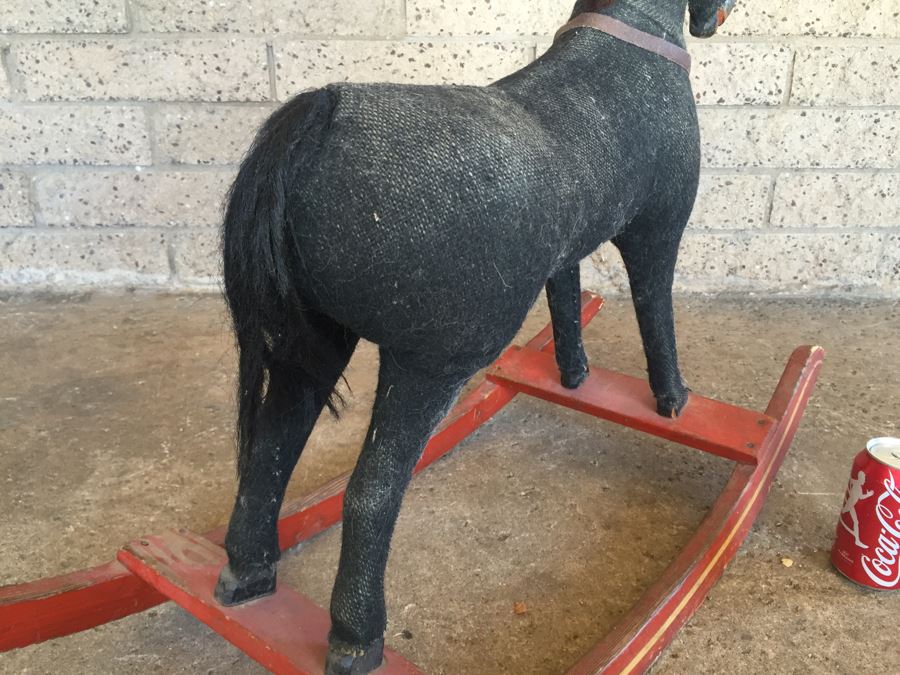 Early Straw Filled Cloth And Wood Black Rocking Horse With Leather Saddle [Photo 18]