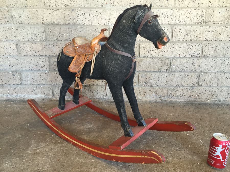 Early Straw Filled Cloth And Wood Black Rocking Horse With Leather Saddle [Photo 1]
