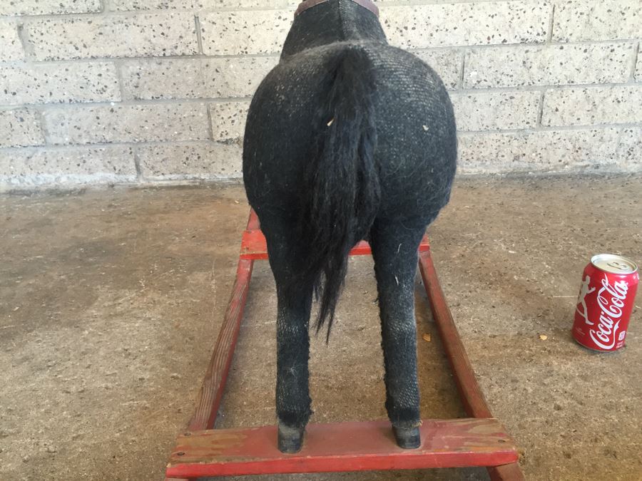 Early Straw Filled Cloth And Wood Black Rocking Horse With Leather Saddle