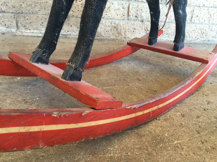 Early Straw Filled Cloth And Wood Black Rocking Horse With Leather Saddle [Photo 11]