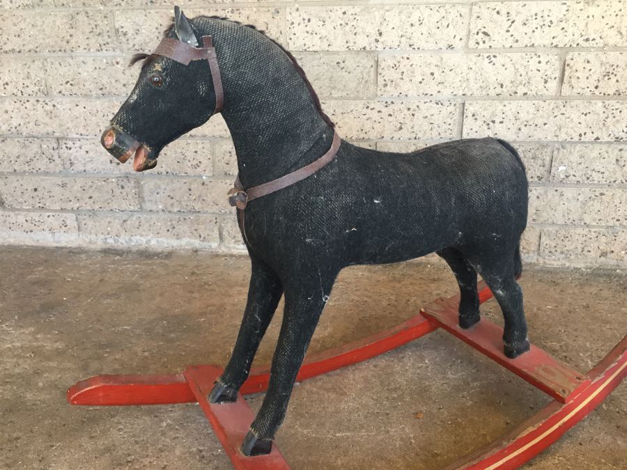 Early Straw Filled Cloth And Wood Black Rocking Horse With Leather Saddle [Photo 13]