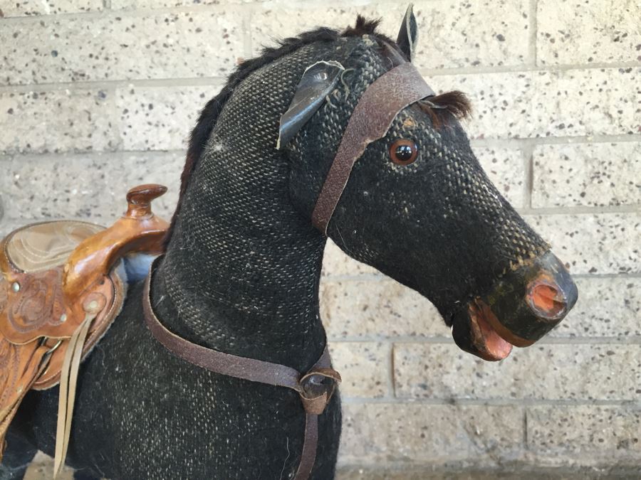 Early Straw Filled Cloth And Wood Black Rocking Horse With Leather Saddle [Photo 4]