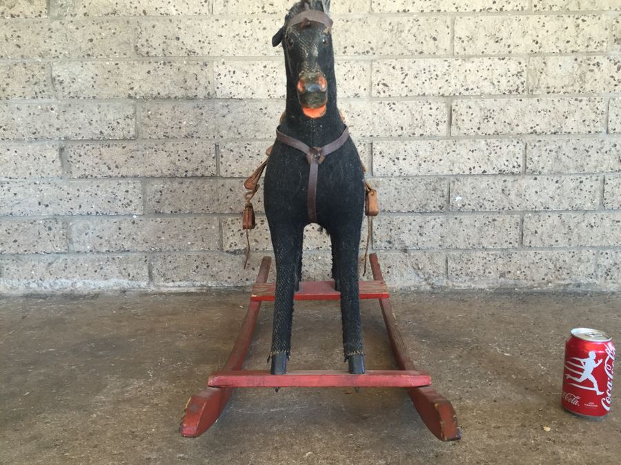 Early Straw Filled Cloth And Wood Black Rocking Horse With Leather Saddle [Photo 8]
