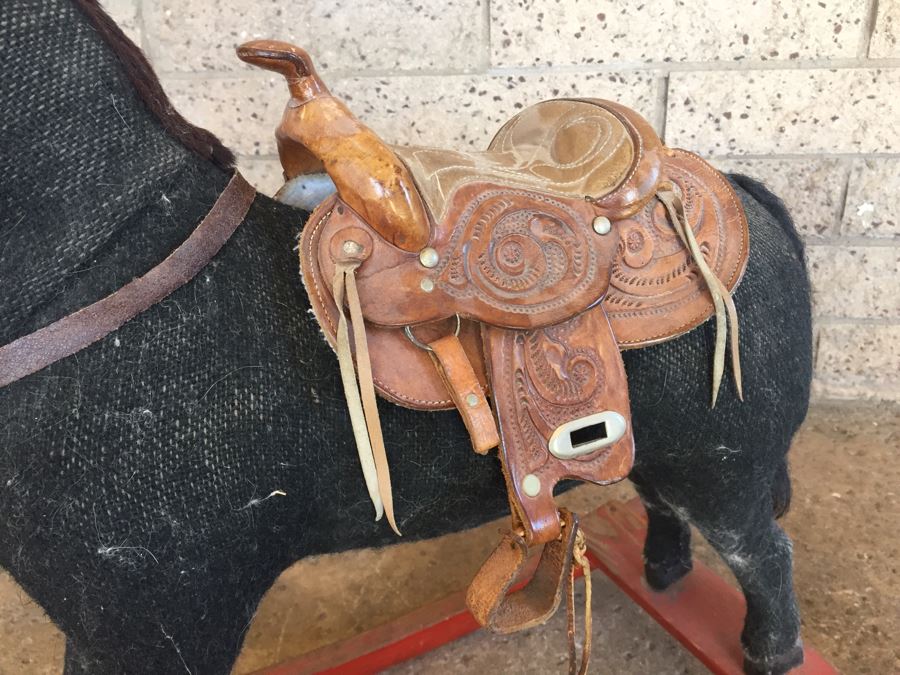 Early Straw Filled Cloth And Wood Black Rocking Horse With Leather Saddle [Photo 12]