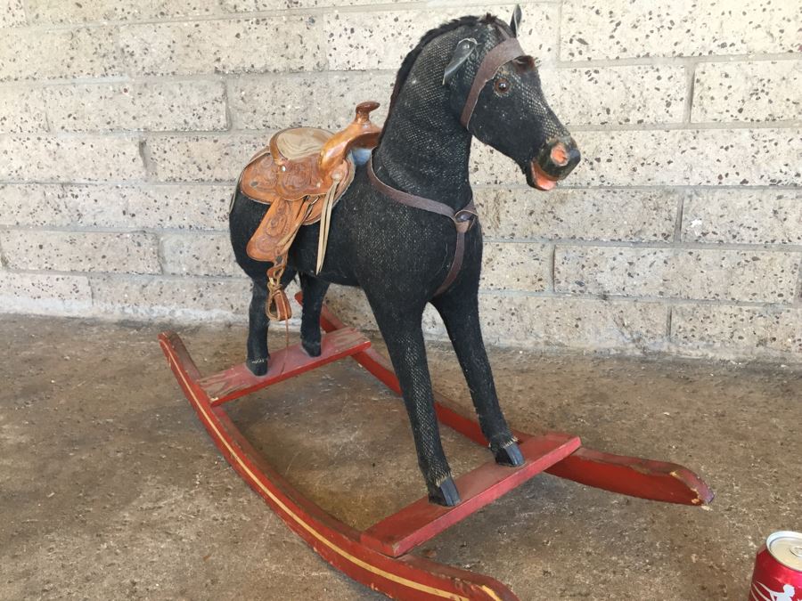Early Straw Filled Cloth And Wood Black Rocking Horse With Leather Saddle [Photo 6]