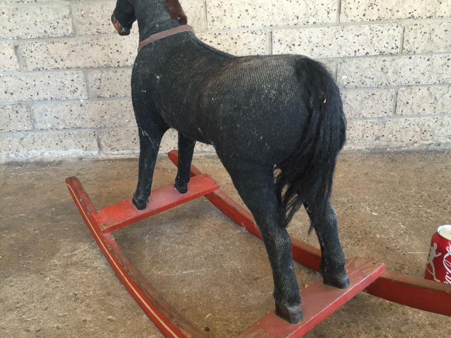 Early Straw Filled Cloth And Wood Black Rocking Horse With Leather Saddle [Photo 14]