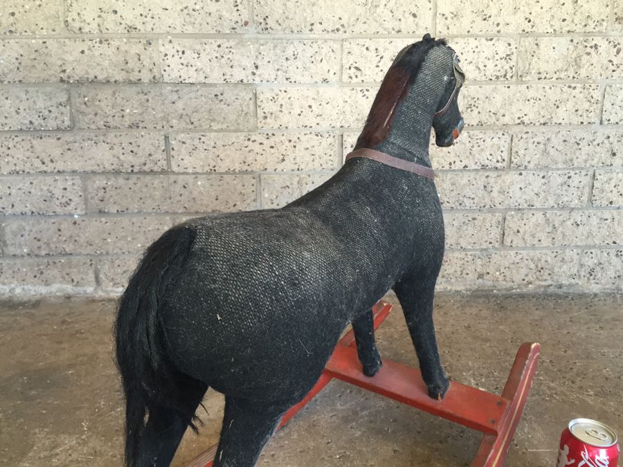 Early Straw Filled Cloth And Wood Black Rocking Horse With Leather Saddle [Photo 19]