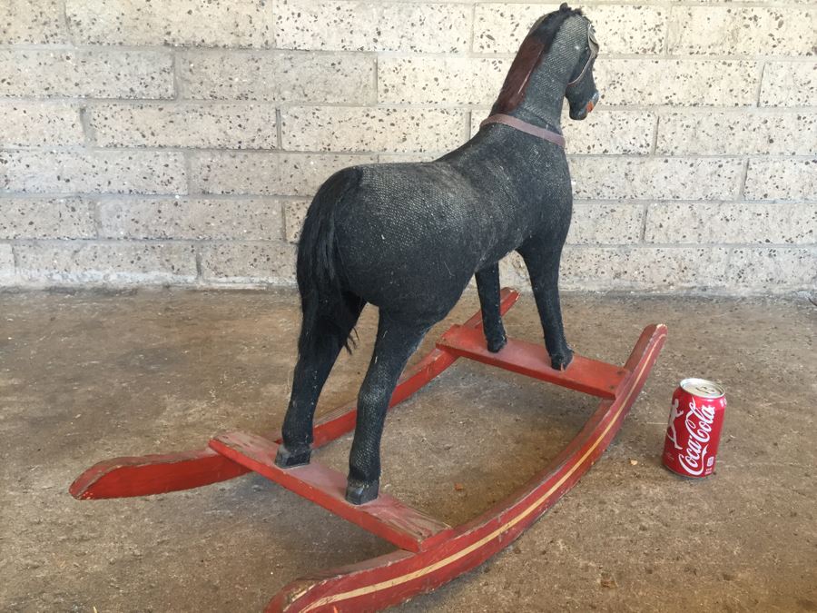 Early Straw Filled Cloth And Wood Black Rocking Horse With Leather Saddle [Photo 17]
