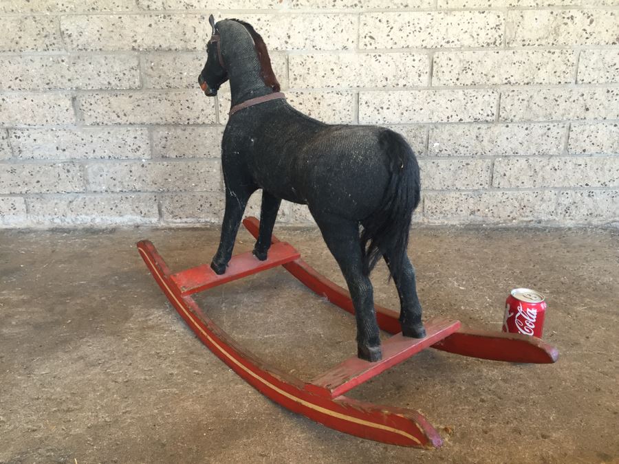 Early Straw Filled Cloth And Wood Black Rocking Horse With Leather Saddle [Photo 3]