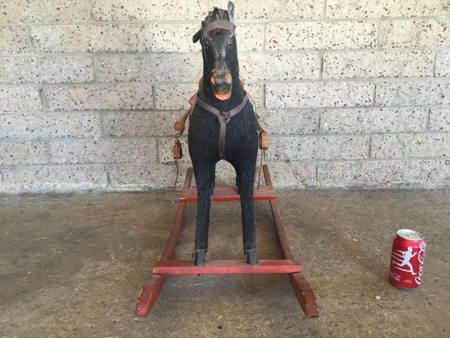 Early Straw Filled Cloth And Wood Black Rocking Horse With Leather Saddle [Photo 7]