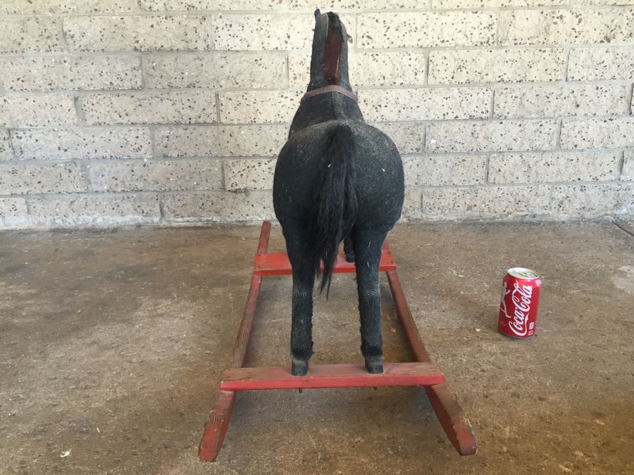 Early Straw Filled Cloth And Wood Black Rocking Horse With Leather Saddle [Photo 15]