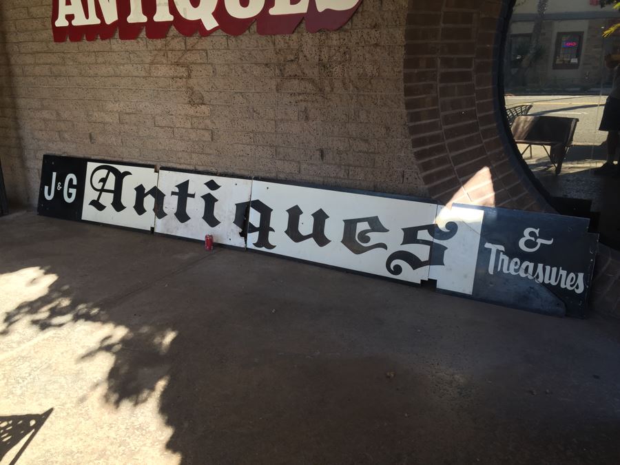 Old Hand Painted Wooden Sign 'J & G Antique & Treasures' Black And White [Photo 2]
