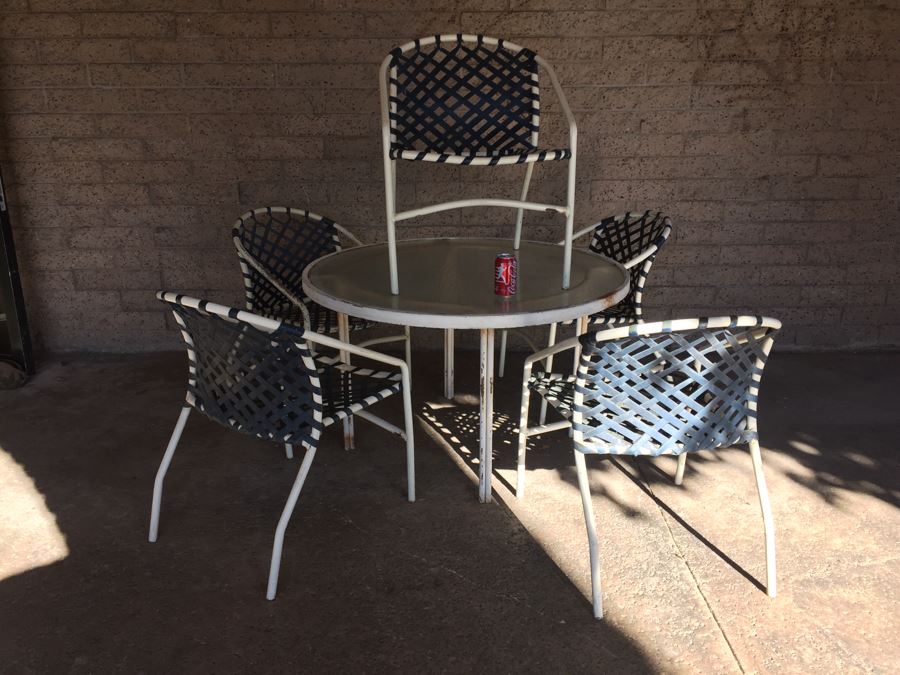 Mid-Century Tropitone Outdoor Patio Set With 5 Woven Chairs And Glass Top Table [Photo 4]