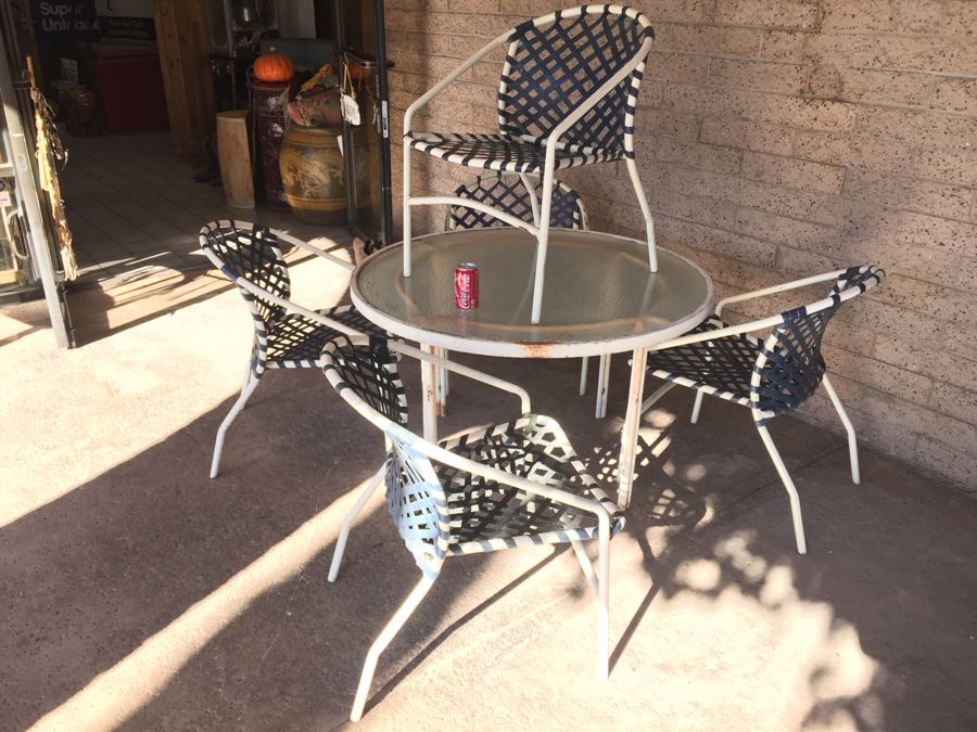 Mid-Century Tropitone Outdoor Patio Set With 5 Woven Chairs And Glass Top Table [Photo 9]
