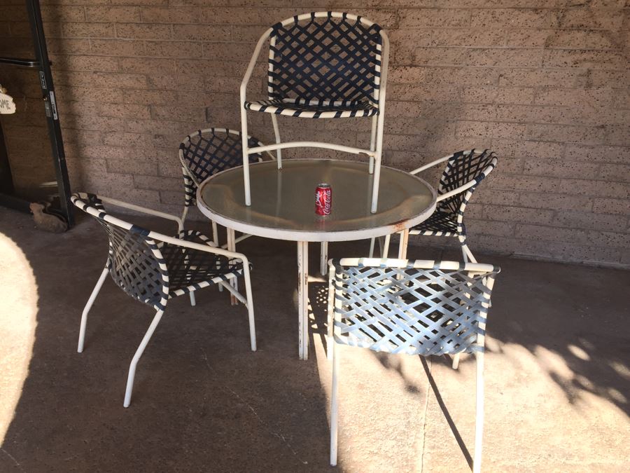 Mid-Century Tropitone Outdoor Patio Set With 5 Woven Chairs And Glass Top Table