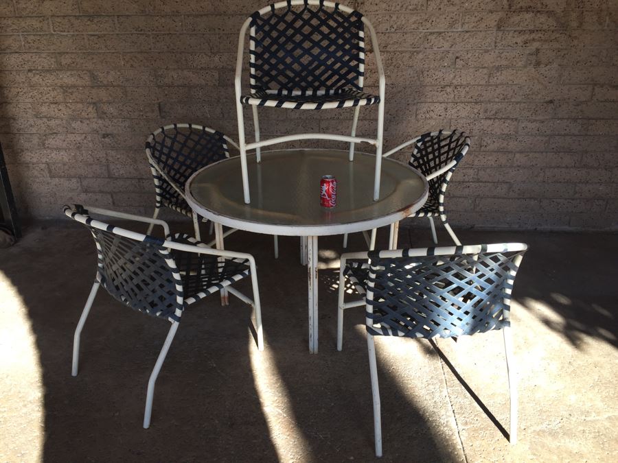 Mid-Century Tropitone Outdoor Patio Set With 5 Woven Chairs And Glass Top Table [Photo 7]