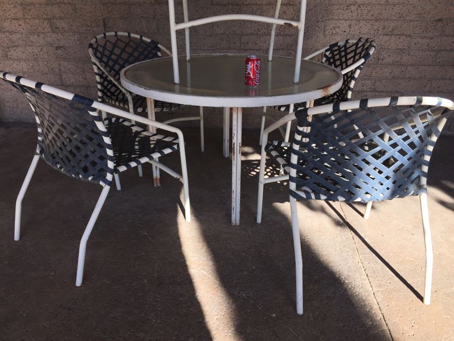 Mid-Century Tropitone Outdoor Patio Set With 5 Woven Chairs And Glass Top Table [Photo 8]