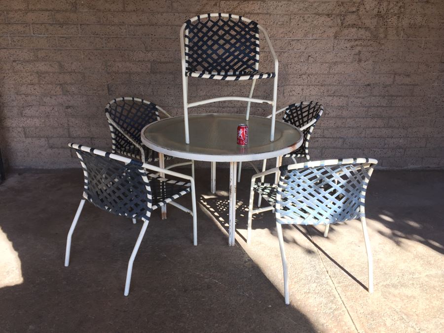 Mid-Century Tropitone Outdoor Patio Set With 5 Woven Chairs And Glass Top Table [Photo 6]