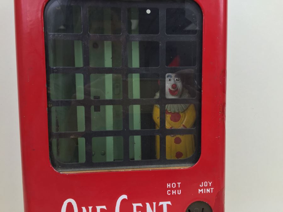 PULVER Chewing Gum One Cent Deliver A 'Tasty Chew' Coin Op With Moving Clown Red Porcelain Working With Key [Photo 6]