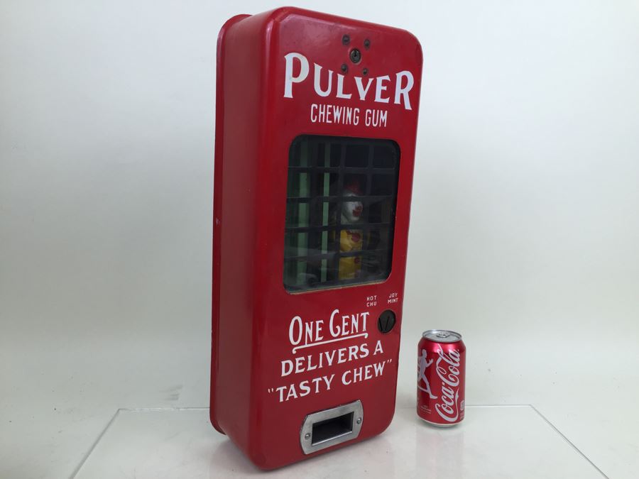 PULVER Chewing Gum One Cent Deliver A 'Tasty Chew' Coin Op With Moving Clown Red Porcelain Working With Key [Photo 19]