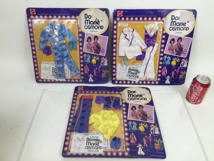 Donny & Marie Osmond Doll Action Figure Fashions 'Silver Shimmer', 'Deepest Purple', 'South 'O The Border' Mattel New On Card Vintage 1976