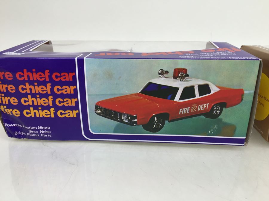 Pair Of Friction Cars 'Fire Chief Car' And 'Police Car' Lucky Hong Kong New In Box [Photo 12]