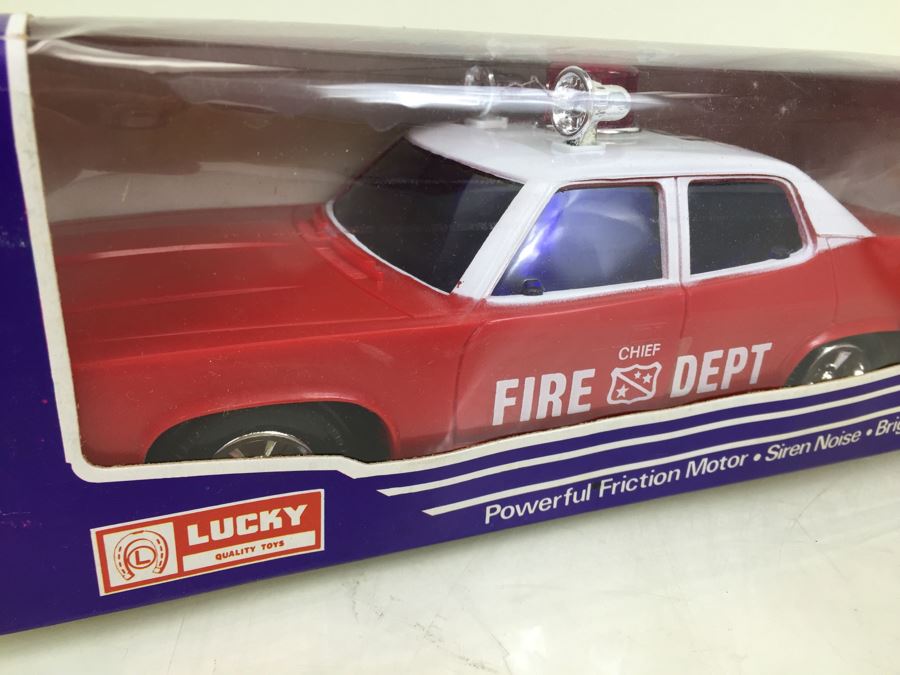 Pair Of Friction Cars 'Fire Chief Car' And 'Police Car' Lucky Hong Kong New In Box [Photo 5]