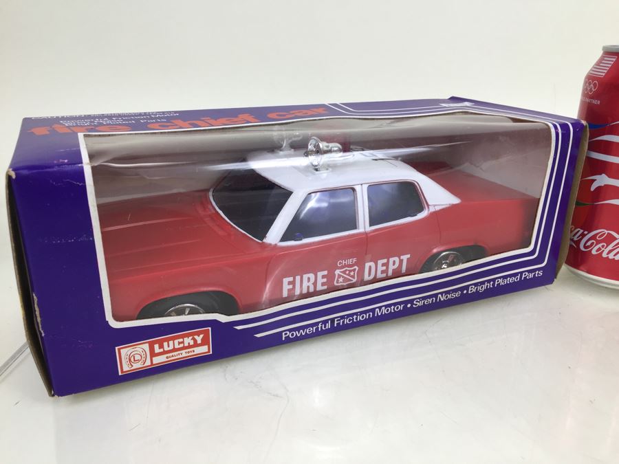 Pair Of Friction Cars 'Fire Chief Car' And 'Police Car' Lucky Hong Kong New In Box [Photo 2]