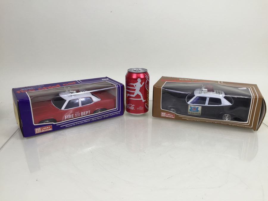 Pair Of Friction Cars 'Fire Chief Car' And 'Police Car' Lucky Hong Kong New In Box [Photo 1]