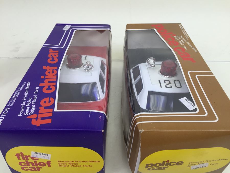 Pair Of Friction Cars 'Fire Chief Car' And 'Police Car' Lucky Hong Kong New In Box [Photo 10]