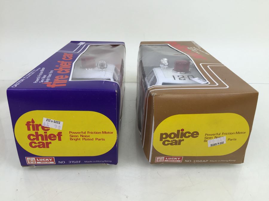 Pair Of Friction Cars 'Fire Chief Car' And 'Police Car' Lucky Hong Kong New In Box [Photo 9]