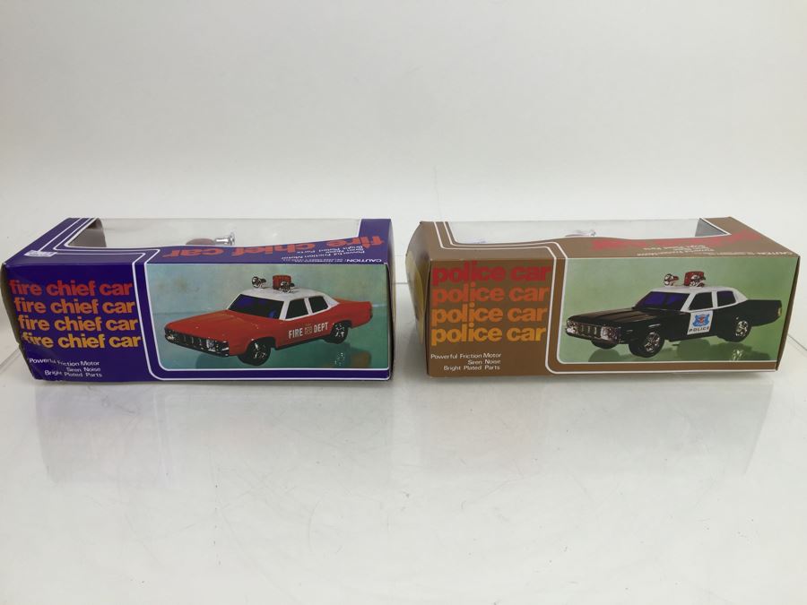 Pair Of Friction Cars 'Fire Chief Car' And 'Police Car' Lucky Hong Kong New In Box [Photo 11]