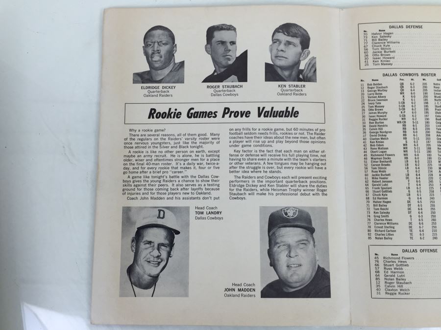 Oakland RAIDERS vs Dallas COWBOYS ROOKIE GAME July 21, 1969 Official Program 'Roger Staubach' 'John Madden' 'Ken Stabler' [Photo 10]
