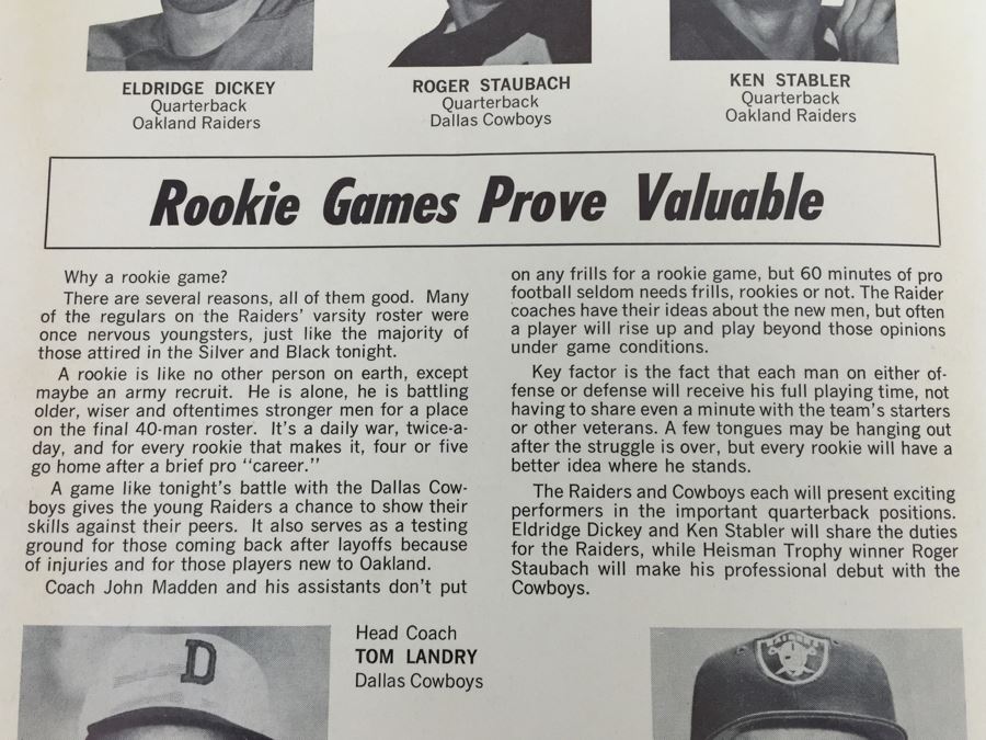 Oakland RAIDERS vs Dallas COWBOYS ROOKIE GAME July 21, 1969 Official Program 'Roger Staubach' 'John Madden' 'Ken Stabler' [Photo 11]