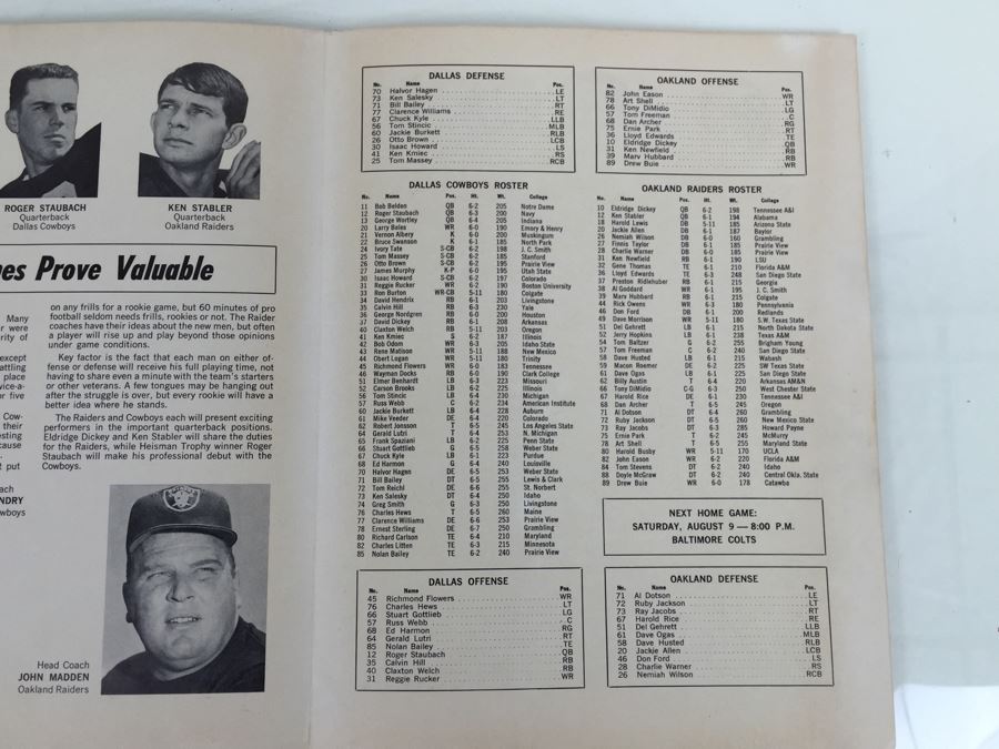 Oakland RAIDERS vs Dallas COWBOYS ROOKIE GAME July 21, 1969 Official Program 'Roger Staubach' 'John Madden' 'Ken Stabler' [Photo 13]