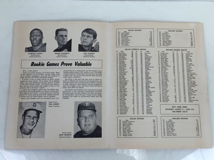 Oakland RAIDERS vs Dallas COWBOYS ROOKIE GAME July 21, 1969 Official Program 'Roger Staubach' 'John Madden' 'Ken Stabler' [Photo 2]