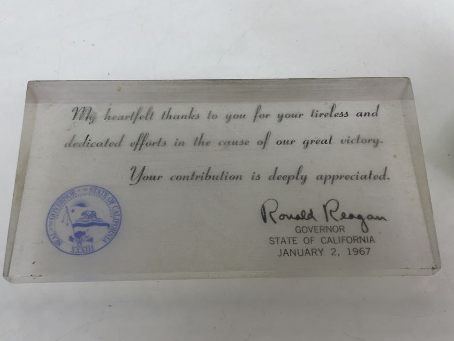 1967 Ronald Reagan Election Effort Appreciation Desk Paperweight