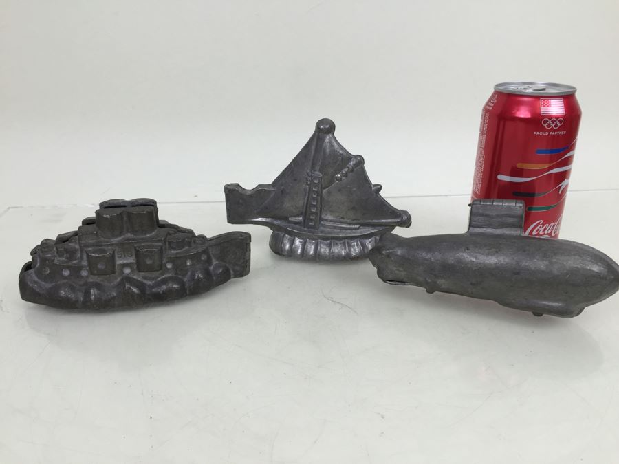 Collecton Of Vintage Pewter Ice Cream Chocolate Molds E & CO NY Eppelsheimer Zeppelin Submarine Sailboat