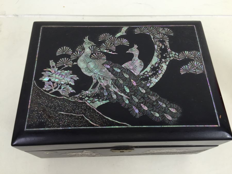 Asian Laquer Jewelry Box With Mother Of Pearl Inlay Bird Motif [Photo 2]
