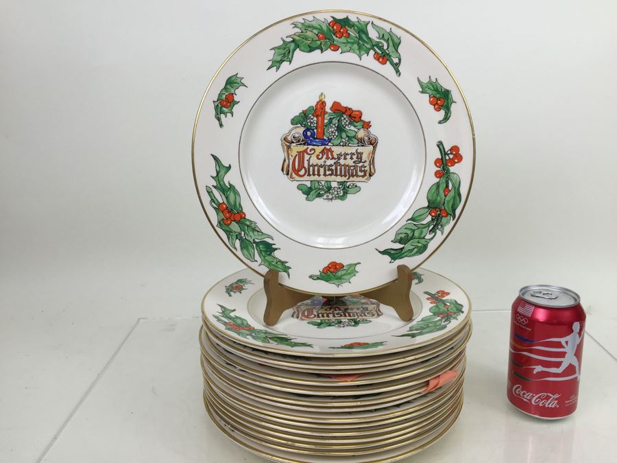 JUST ADDED - (15) Merry Christmas Dinner Plates By Walter R. Duff Made In England Issued By Fondeville New York