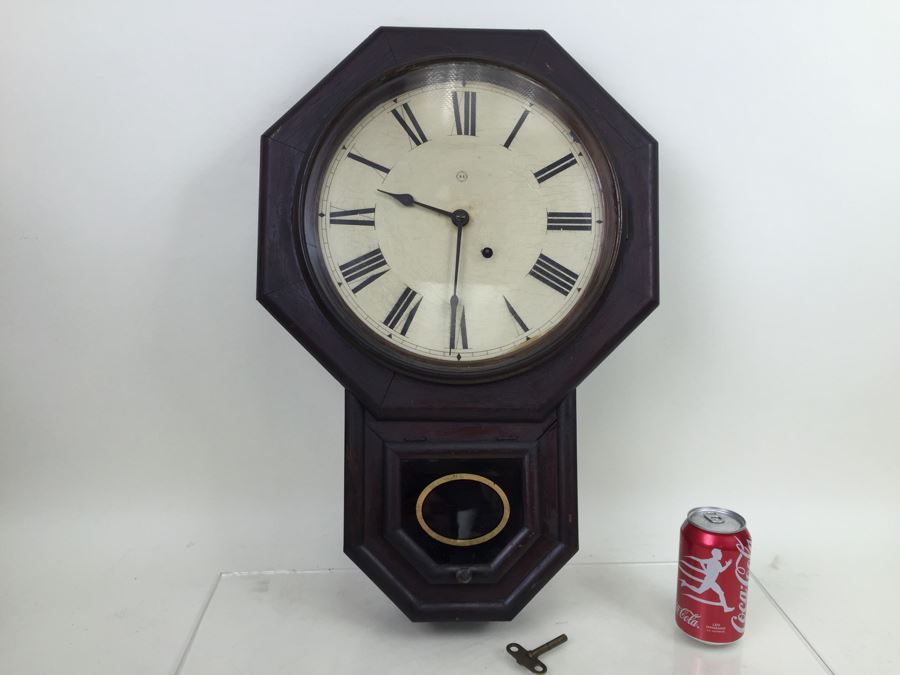 Vintage Seth Thomas Drop Octagon School House Wall Clock With Key