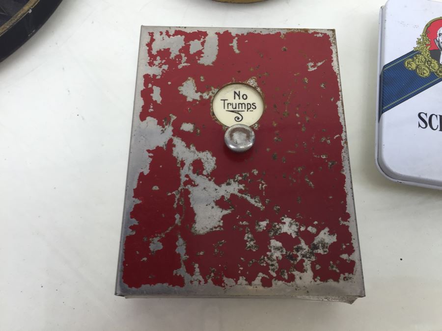 Keepsake Box Drawer Lot USN Navy Wall Plaques, Tins, Metal Playing Card Case, Flask [Photo 3]