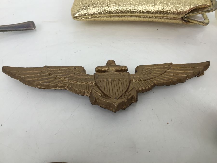 Keepsake Box Drawer Lot USN Navy Wall Plaques, Tins, Metal Playing Card Case, Flask [Photo 10]