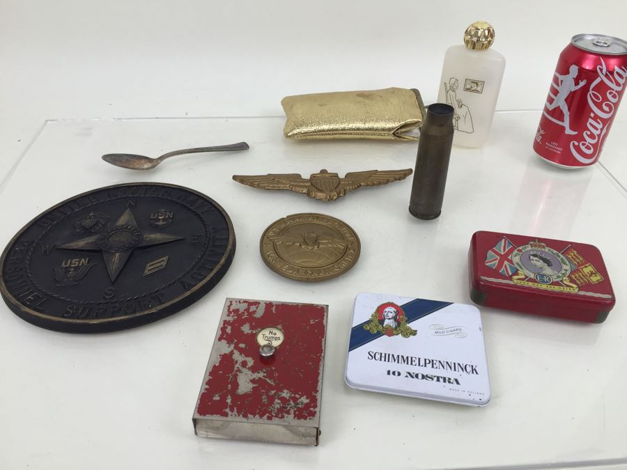 Keepsake Box Drawer Lot USN Navy Wall Plaques, Tins, Metal Playing Card Case, Flask