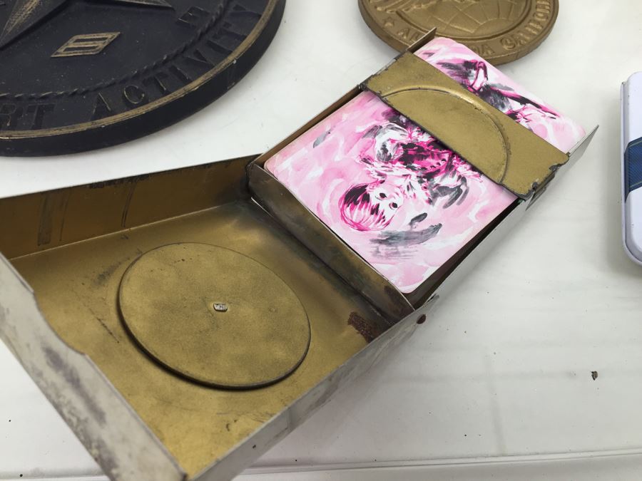 Keepsake Box Drawer Lot USN Navy Wall Plaques, Tins, Metal Playing Card Case, Flask [Photo 14]