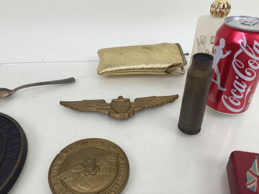 Keepsake Box Drawer Lot USN Navy Wall Plaques, Tins, Metal Playing Card Case, Flask [Photo 9]