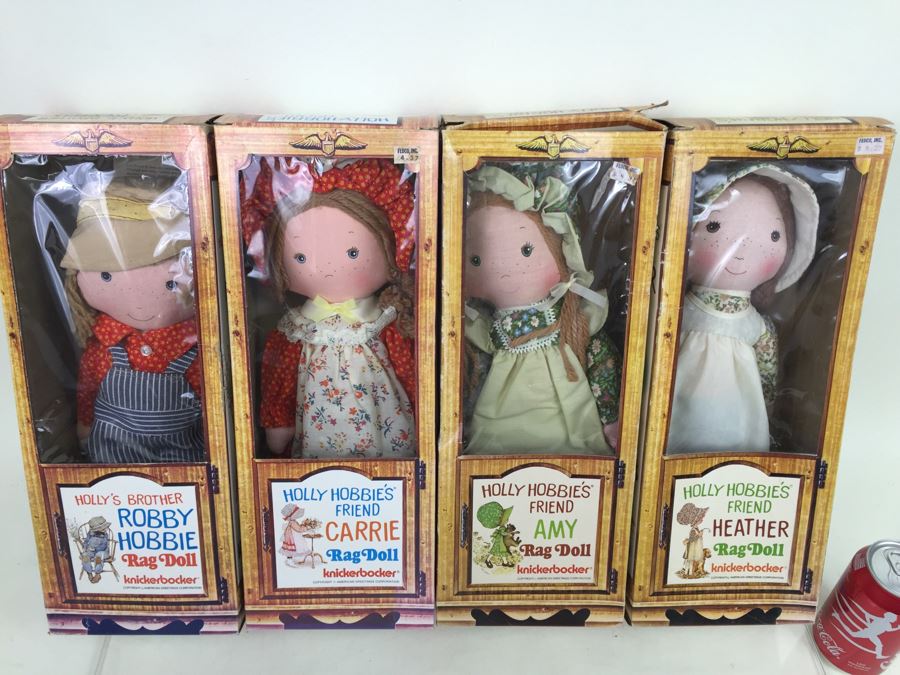 Holly Hobbie's Friend And Brother Rag Dolls In Boxes Knickerbocker Heather, Amy, Carrie And Robby Hobbie Vintage 1974