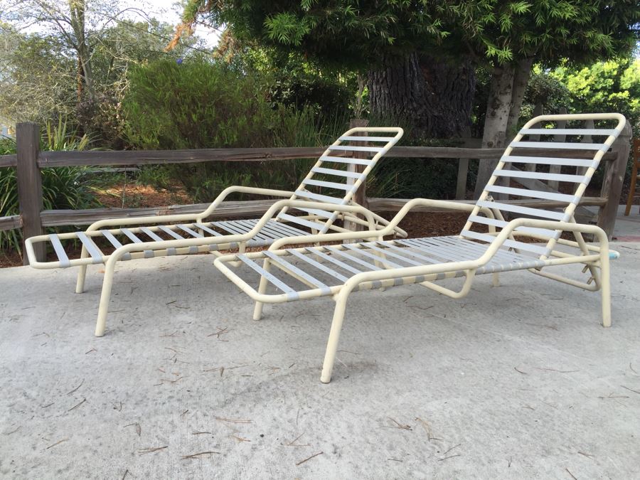 Pair Of Modern Finkel Aluminum Patio Furniture Straps Chaise Lounge Chairs [Photo 4]