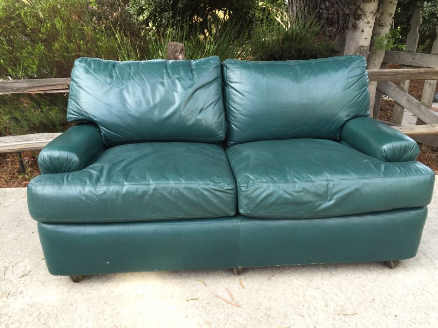 Green Leather Loveseat Sofa With Casters