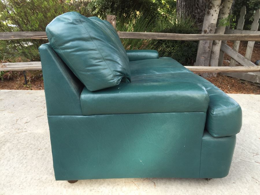 Green Leather Loveseat Sofa With Casters [Photo 3]